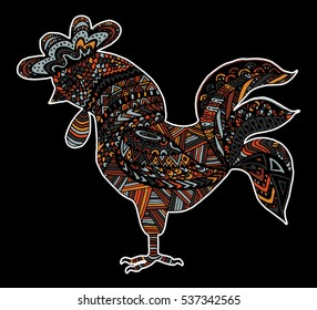 Hand drawn sketch in the shape of a rooster covered with multiple detailed patterns colored with diffrent colors, template for New Year's greetings