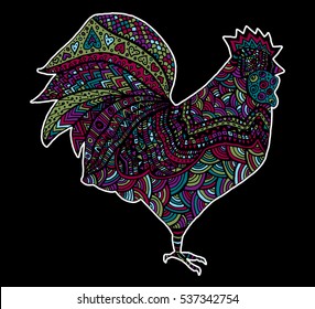 Hand drawn sketch in the shape of a rooster covered with multiple detailed patterns colored with diffrent colors, template for New Year's greetings