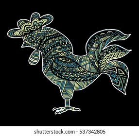 Hand drawn sketch in the shape of a rooster covered with multiple detailed patterns colored with diffrent colors, template for New Year's greetings
