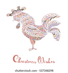 Hand drawn sketch in the shape of a rooster covered with multiple detailed patterns colored with diffrent colors, greetings lettering for New Year and Christmas