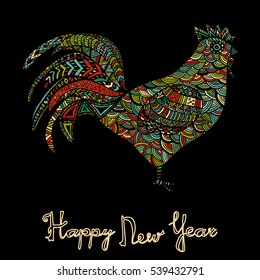 Hand drawn sketch in the shape of a rooster covered with multiple detailed patterns colored with diffrent colors, greetings lettering for New Year and Christmas