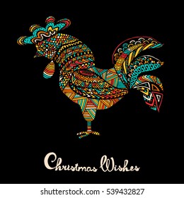 Hand drawn sketch in the shape of a rooster covered with multiple detailed patterns colored with diffrent colors, greetings lettering for New Year and Christmas