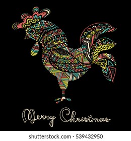 Hand drawn sketch in the shape of a rooster covered with multiple detailed patterns colored with diffrent colors, greetings lettering for New Year and Christmas