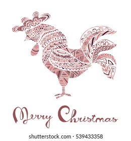 Hand drawn sketch in the shape of a rooster covered with multiple detailed patterns colored with diffrent colors, greetings lettering for New Year and Christmas