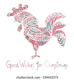 Hand drawn sketch in the shape of a rooster covered with multiple detailed patterns colored with diffrent colors, greetings lettering for New Year and Christmas