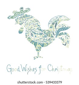 Hand drawn sketch in the shape of a rooster covered with multiple detailed patterns colored with diffrent colors, greetings lettering for New Year and Christmas