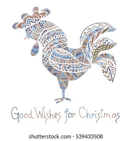 Hand drawn sketch in the shape of a rooster covered with multiple detailed patterns colored with diffrent colors, greetings lettering for New Year and Christmas