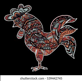 Hand drawn sketch in the shape of a rooster covered with multiple detailed patterns colored with diffrent colors, template for New Year's greetings