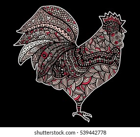 Hand drawn sketch in the shape of a rooster covered with multiple detailed patterns colored with diffrent colors, template for New Year's greetings