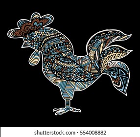 Hand drawn sketch in the shape of a rooster covered with multiple detailed patterns colored with diffrent colors, template for New Year's greetings