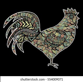 Hand drawn sketch in the shape of a rooster covered with multiple detailed patterns colored with diffrent colors, template for New Year's greetings