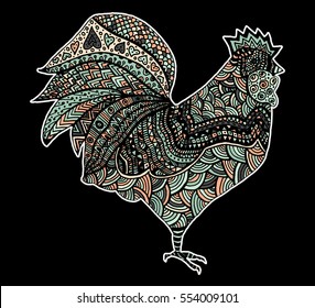 Hand drawn sketch in the shape of a rooster covered with multiple detailed patterns colored with diffrent colors, template for New Year's greetings