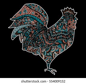 Hand drawn sketch in the shape of a rooster covered with multiple detailed patterns colored with diffrent colors, template for New Year's greetings