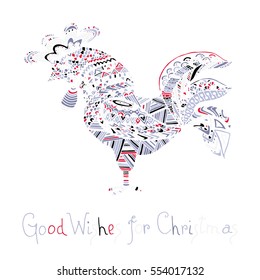Hand drawn sketch in the shape of a rooster covered with multiple detailed patterns colored with diffrent colors, greetings lettering for New Year and Christmas