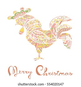 Hand drawn sketch in the shape of a rooster covered with multiple detailed patterns colored with diffrent colors, greetings lettering for New Year and Christmas