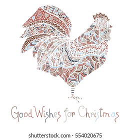 Hand drawn sketch in the shape of a rooster covered with multiple detailed patterns colored with diffrent colors, greetings lettering for New Year and Christmas
