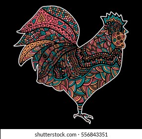 Hand drawn sketch in the shape of a rooster covered with multiple detailed patterns colored with diffrent colors, template for New Year's greetings