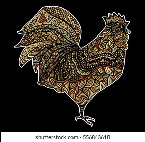Hand drawn sketch in the shape of a rooster covered with multiple detailed patterns colored with diffrent colors, template for New Year's greetings