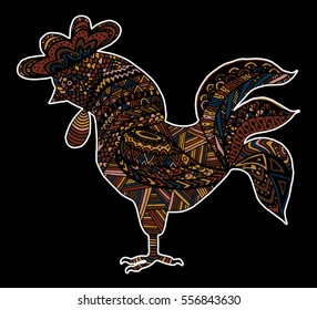 Hand drawn sketch in the shape of a rooster covered with multiple detailed patterns colored with diffrent colors, template for New Year's greetings