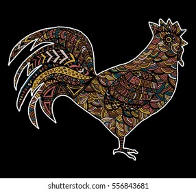 Hand drawn sketch in the shape of a rooster covered with multiple detailed patterns colored with diffrent colors, template for New Year's greetings
