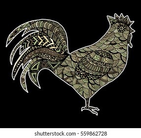 Hand drawn sketch in the shape of a rooster covered with multiple detailed patterns colored with diffrent colors, template for New Year's greetings