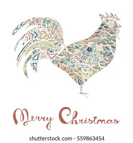 Hand drawn sketch in the shape of a rooster covered with multiple detailed patterns colored with diffrent colors, greetings lettering for New Year and Christmas