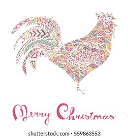 Hand drawn sketch in the shape of a rooster covered with multiple detailed patterns colored with diffrent colors, greetings lettering for New Year and Christmas
