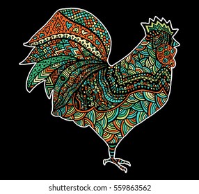 Hand drawn sketch in the shape of a rooster covered with multiple detailed patterns colored with diffrent colors, template for New Year's greetings