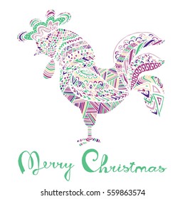 Hand drawn sketch in the shape of a rooster covered with multiple detailed patterns colored with diffrent colors, greetings lettering for New Year and Christmas