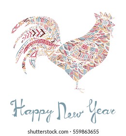 Hand drawn sketch in the shape of a rooster covered with multiple detailed patterns colored with diffrent colors, greetings lettering for New Year and Christmas