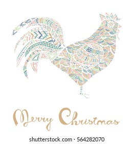 Hand drawn sketch in the shape of a rooster covered with multiple detailed patterns colored with diffrent colors, greetings lettering for New Year and Christmas