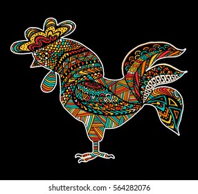 Hand drawn sketch in the shape of a rooster covered with multiple detailed patterns colored with diffrent colors, template for New Year's greetings