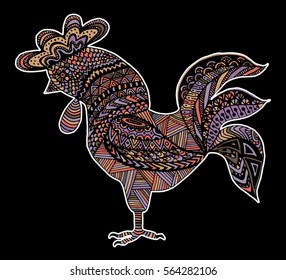 Hand drawn sketch in the shape of a rooster covered with multiple detailed patterns colored with diffrent colors, template for New Year's greetings