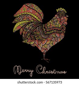 Hand drawn sketch in the shape of a rooster covered with multiple detailed patterns colored with diffrent colors, greetings lettering for New Year and Christmas