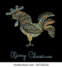 Hand drawn sketch in the shape of a rooster covered with multiple detailed patterns colored with diffrent colors, greetings lettering for New Year and Christmas