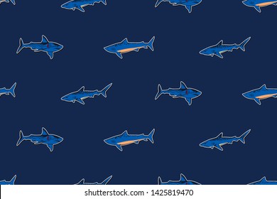 Hand drawn sketch shark seamless pattern illustration. Ink drawing aggressive marine fish stickers on blue background. Vector doodle texture.