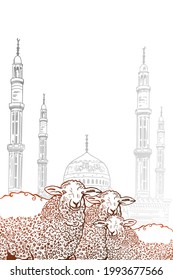 Hand Drawn Sketch of Sheep and Islamic Mosque with ornamental Crescent Moon to Festive banners of Eid-al-Fitr. Vector illustration to Muslim holidays.