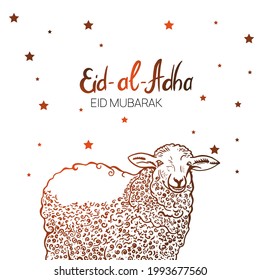 Hand Drawn Sketch of Sheep sacrifice animal to Festive banners of Eid-al-Fitr. Vector illustration to Muslim holidays.