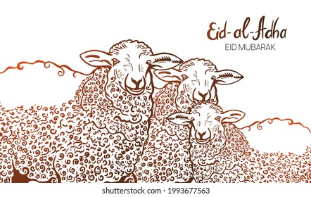 Hand Drawn Sketch of Sheep sacrifice animal to Festive banners of Eid-al-Fitr. Vector illustration to Muslim holidays.