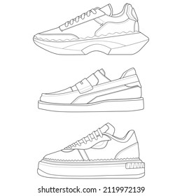 Hand drawn sketch of shoes, sneakers for summer. Vector stock illustration. Sport wear for men and women
