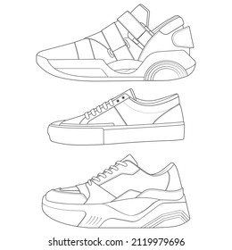 Hand drawn sketch of shoes, sneakers for summer. Vector stock illustration. Sport wear for men and women
