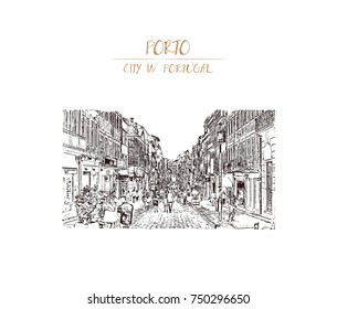 Hand drawn sketch of Shoppers stroll on Rua Santa Catarina pedestrian street PORTO, PORTUGAL in vector illustration.