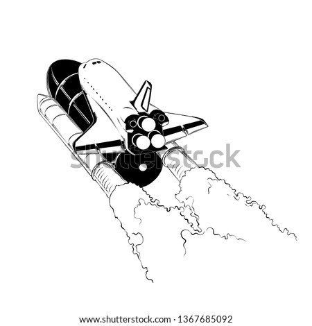 Hand drawn sketch of shuttle in black color, isolated on white background. Drawing for posters, decoration and print. Vector illustration