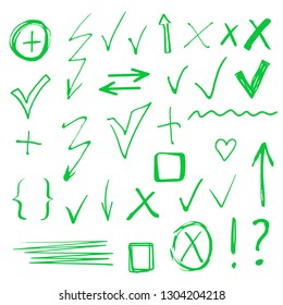 Hand drawn sketch signs, arrows, check marks. Design elements set isolated on white background