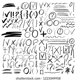 Hand drawn sketch signs, icons, arrows, lines, handwritten design elements set isolated on white background