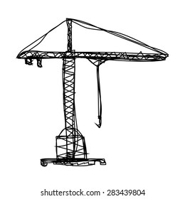 Hand drawn sketch silhouette construction crane tower icon. Vector building illustration.