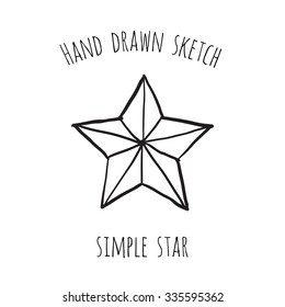 Hand drawn sketch: simple star. Black graphic isolated element on a white background with two inscription around. Simple greeting card.