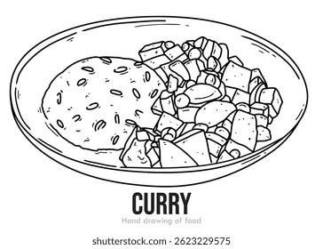 Dibujado a mano boceto de verduras simples y pollo al curry en un plato. Contorno negro, editable, Ilustración vectorial