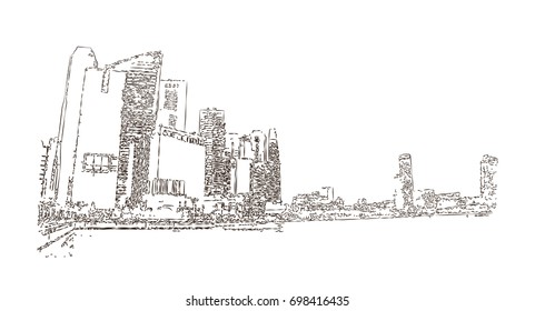 Hand drawn sketch of Singapore buildings in vector illustration.