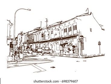 Hand drawn sketch of Singapore street near autram park in vector illustration.